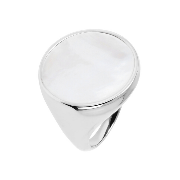 Chevalier Ring with White Mother of Pearl Disc Stone in Platinum Plated 925 Silver