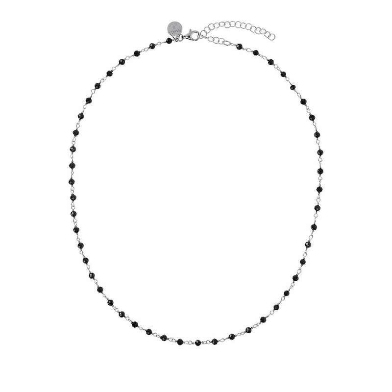 Rosary Necklace with Black Spinel in Platinum plated 925 Silver