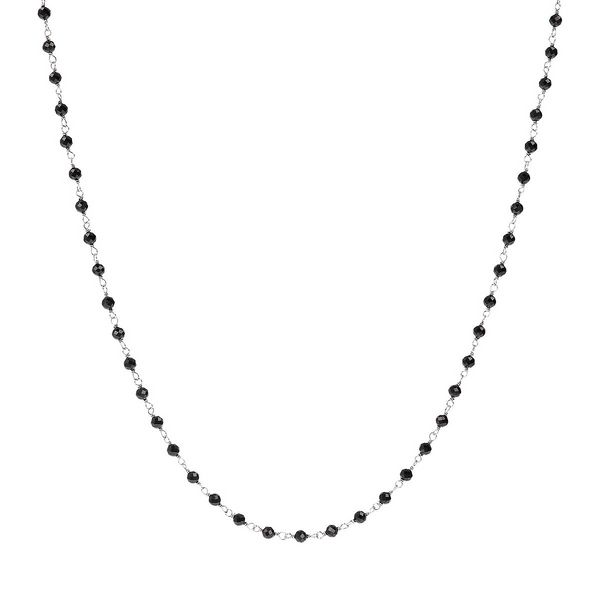 Lange Rosenkranz-Halskette mit schwarzem Spinell aus platiniertem 925er Silber