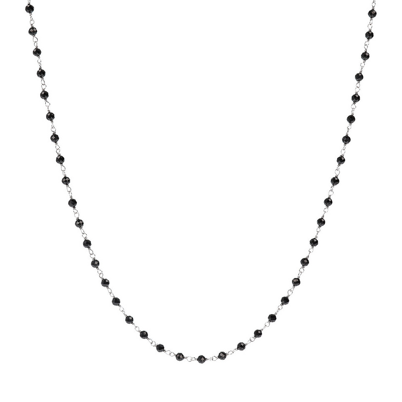 Long Rosary Necklace with Black Spinel in Platinum plated 925 Silver