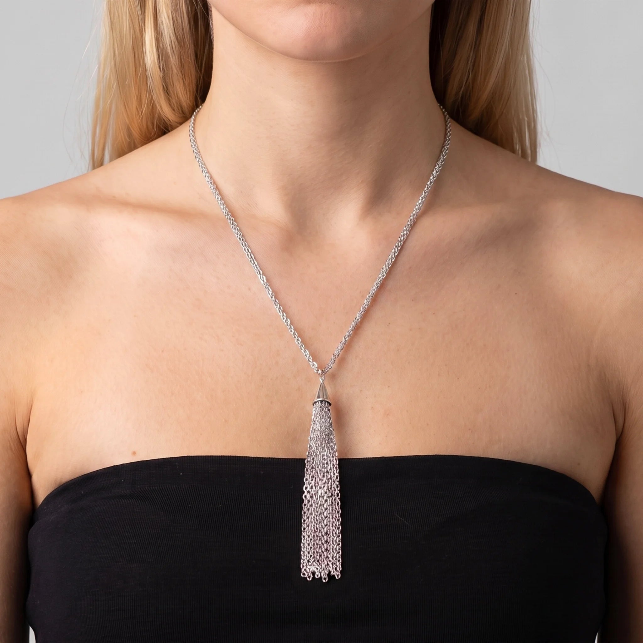 Collana Multifilo in Argento 925 placcato Platino con Maglia Singapore Diamantata e Pendente Scorrevole