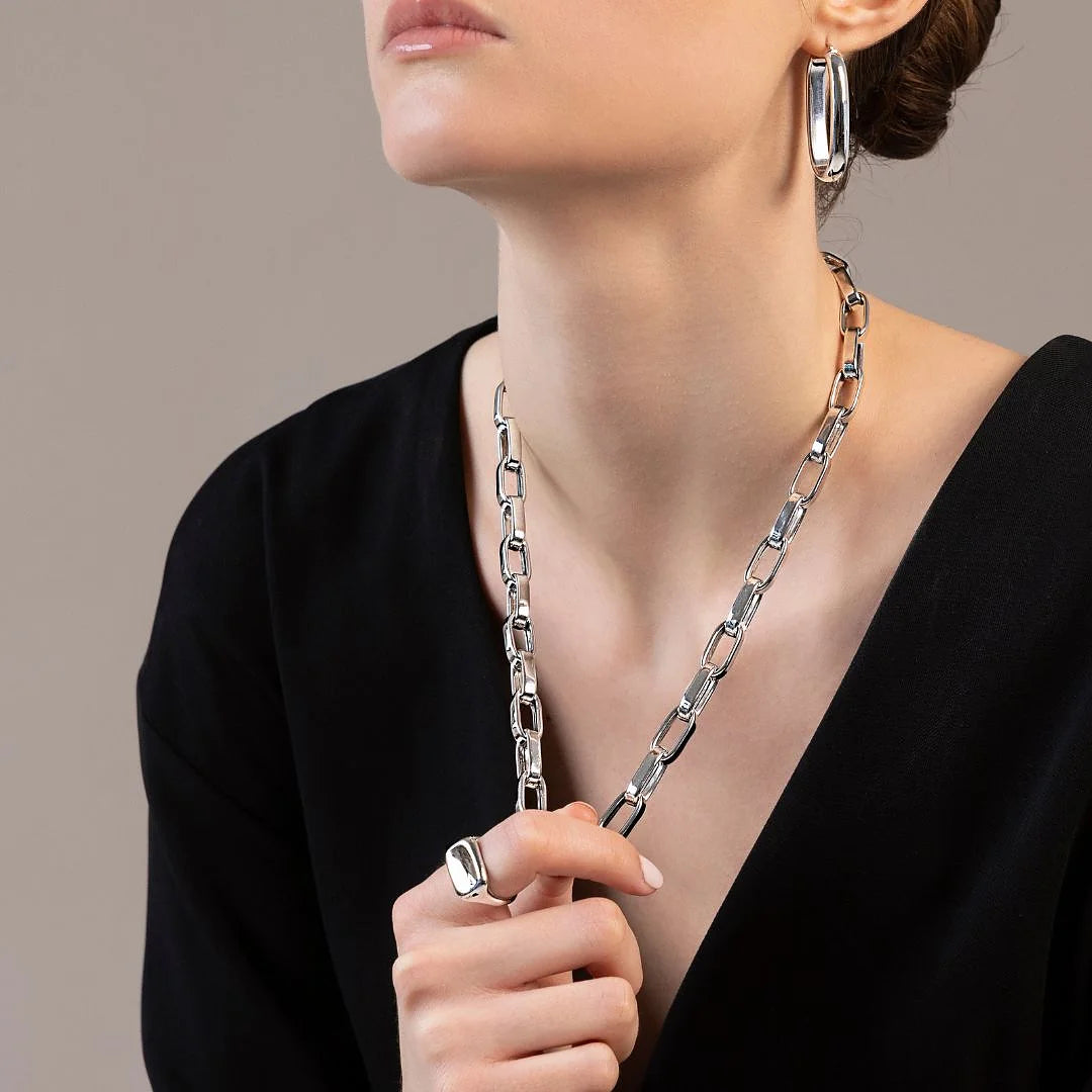 Collana Maxi Maglie Ovali Allungate in Argento 925 placcato Platino