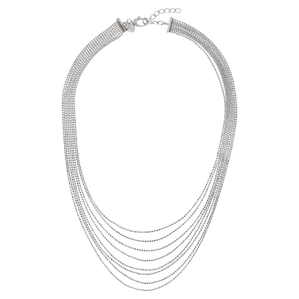 Mehrreihige, abgestufte Halskette mit Mikroperlen aus 925 platiniertem Sterlingsilber