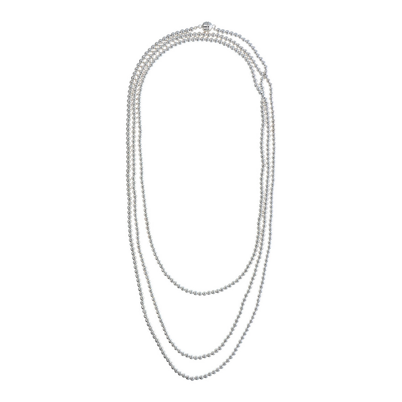 Lange Halskette aus platiniertem Sterlingsilber aus glänzenden Perlen