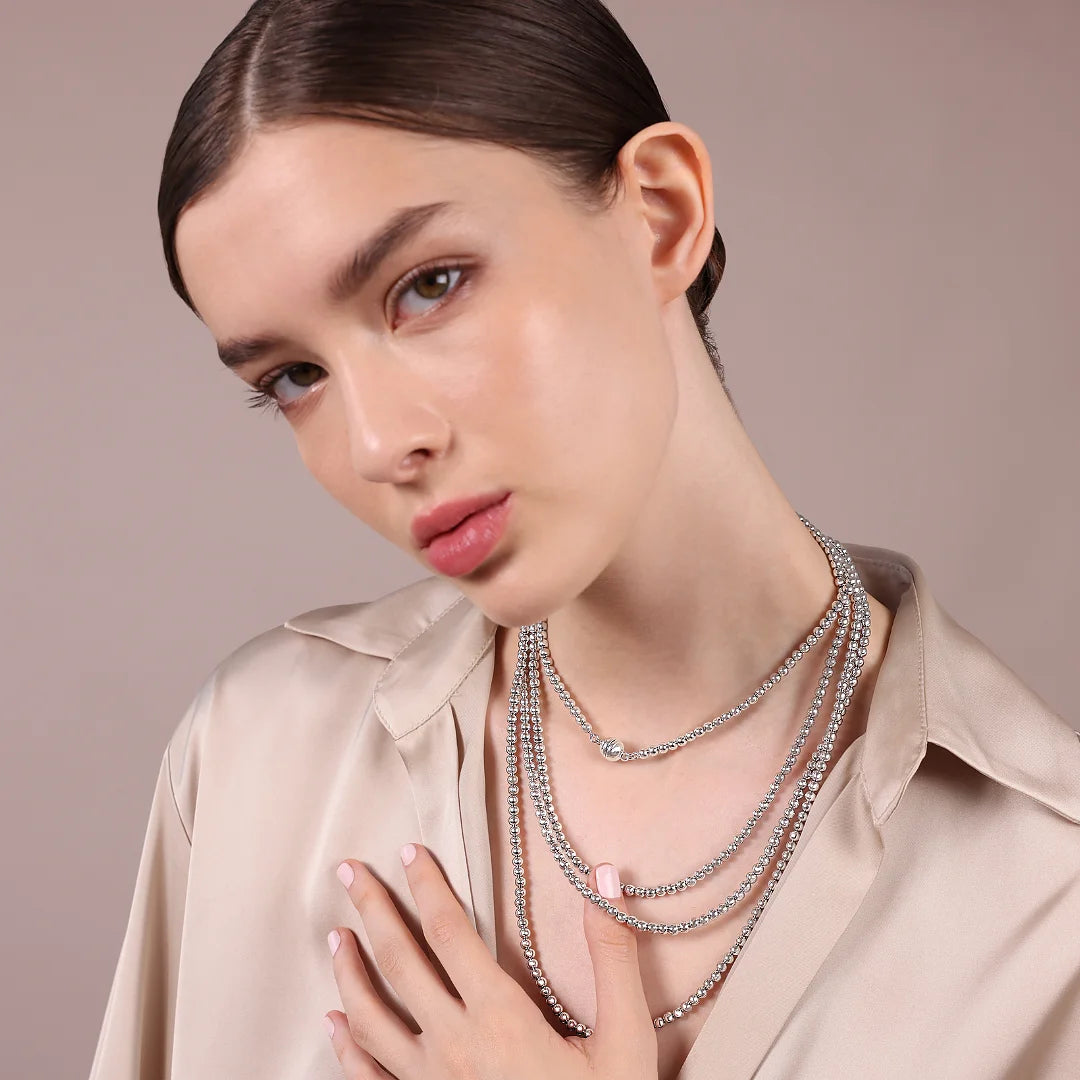 Collana Lunga in Argento 925 placcato Platino con Bead Lucide