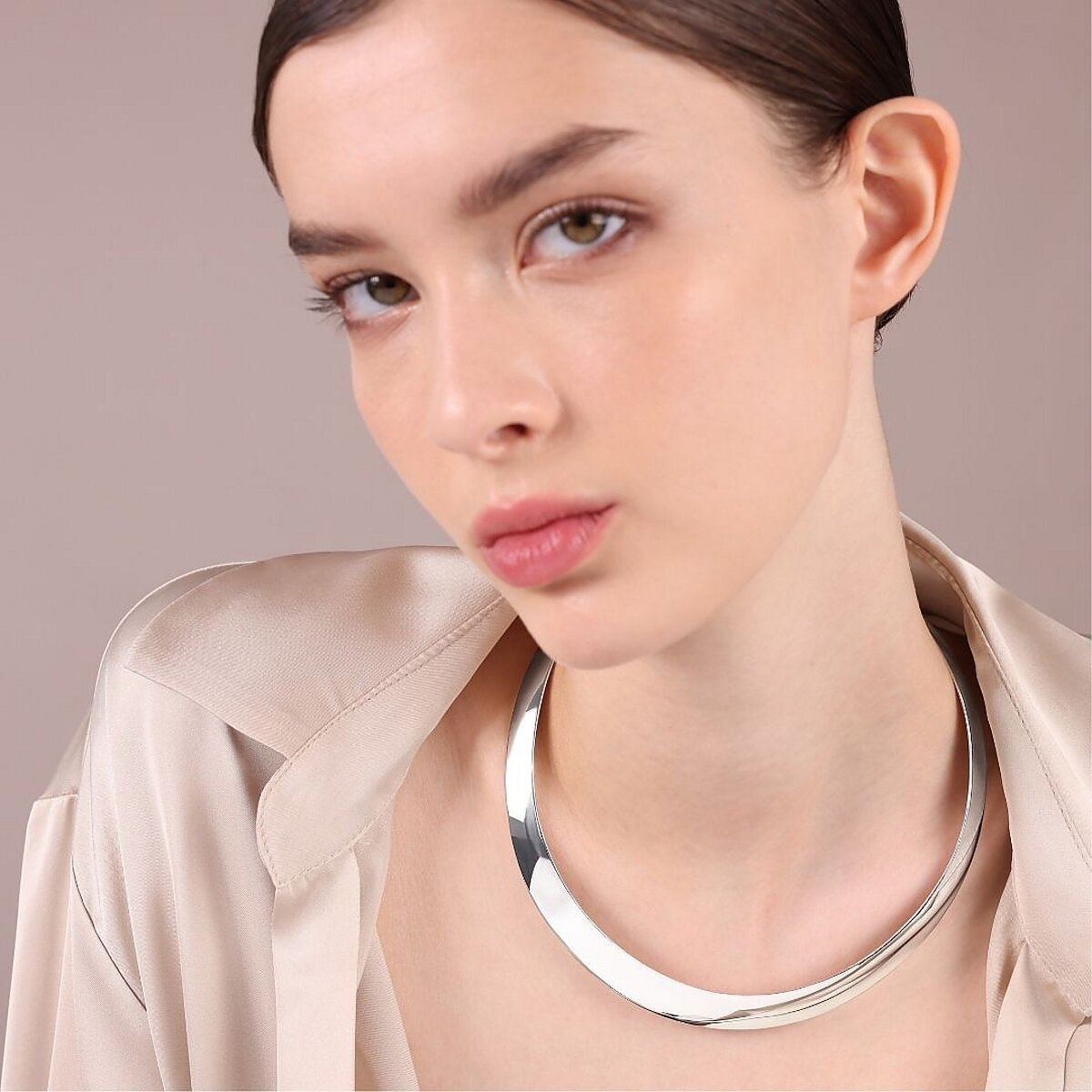 Collier ras du cou miroir en argent 925 platiné, surface 1,2 cm