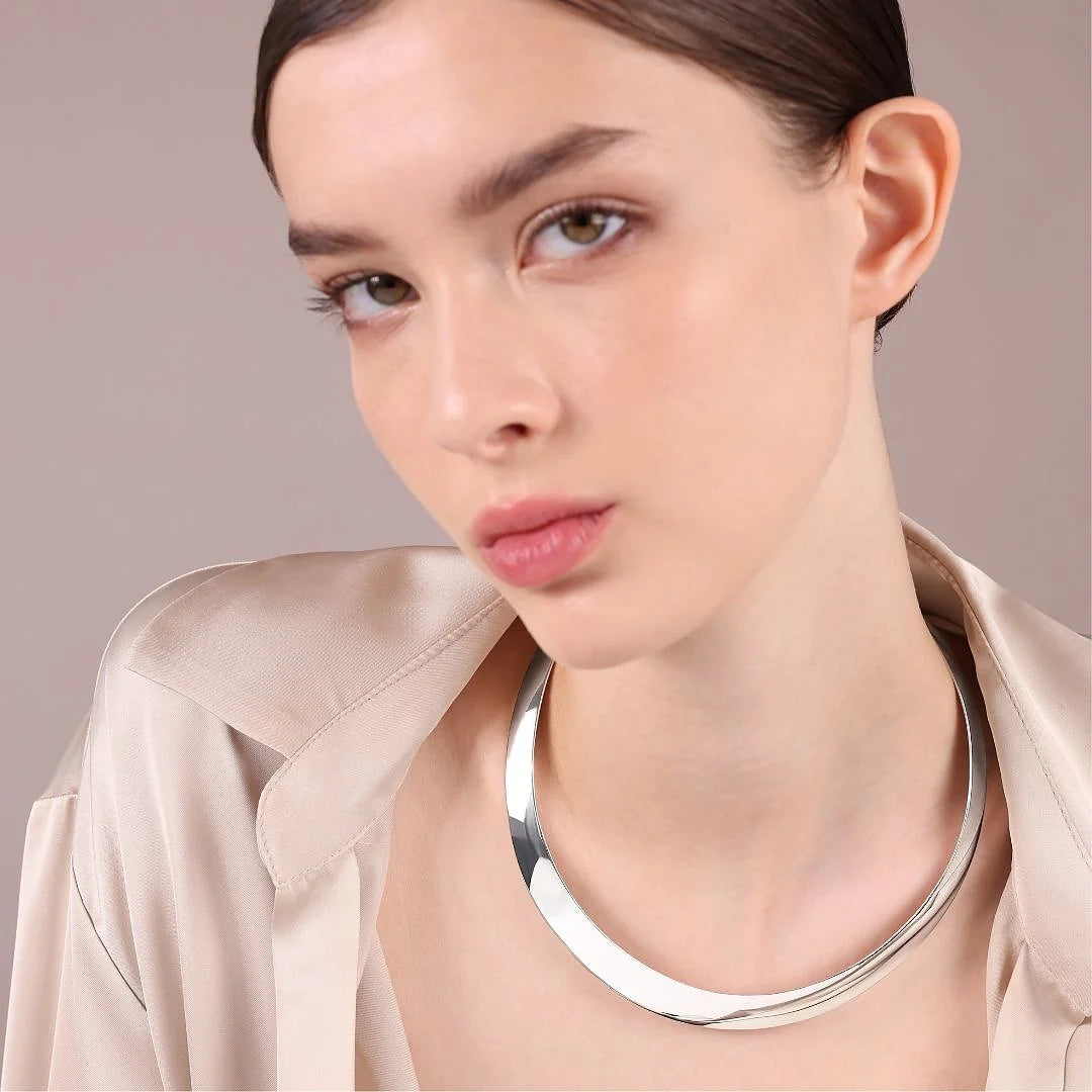 925 Sterling Silver Platinum Plated Mirror Choker Necklace Surface 1.2cm