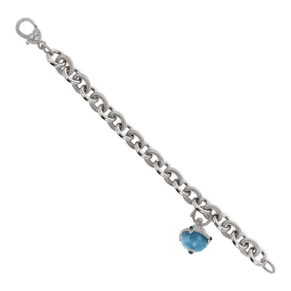 Rolo Bracelet with Aquamarine Charm and Cubic Zirconia Pavé in Platinum plated 925 Sterling Silver