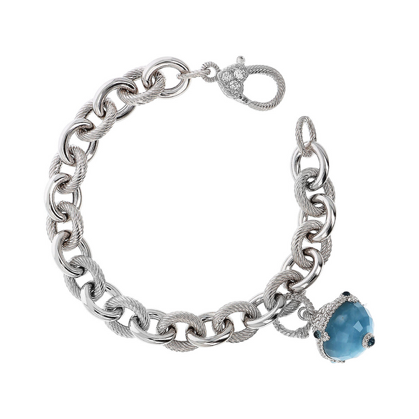 Rolo Bracelet with Aquamarine Charm and Cubic Zirconia Pavé in Platinum plated 925 Sterling Silver