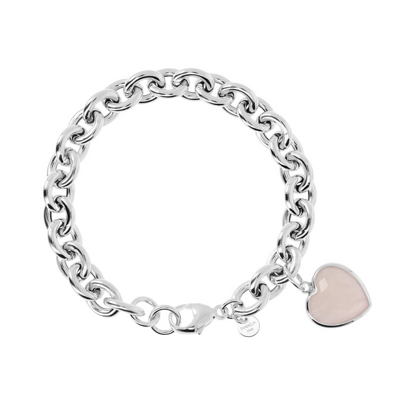 Rolo Bracelet in 925 Platinum Plated Sterling Silver with Rose Quartz Heart Charm