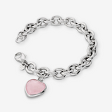 Rolo Bracelet in 925 Platinum Plated Sterling Silver with Rose Quartz Heart Charm