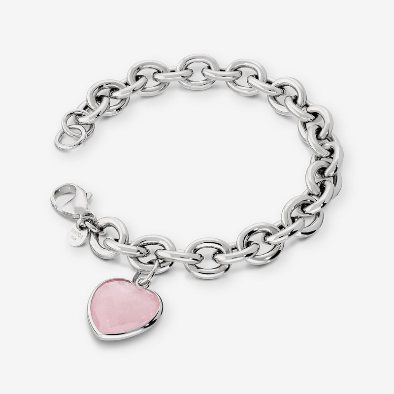 Rolo Bracelet in 925 Platinum Plated Sterling Silver with Rose Quartz Heart Charm