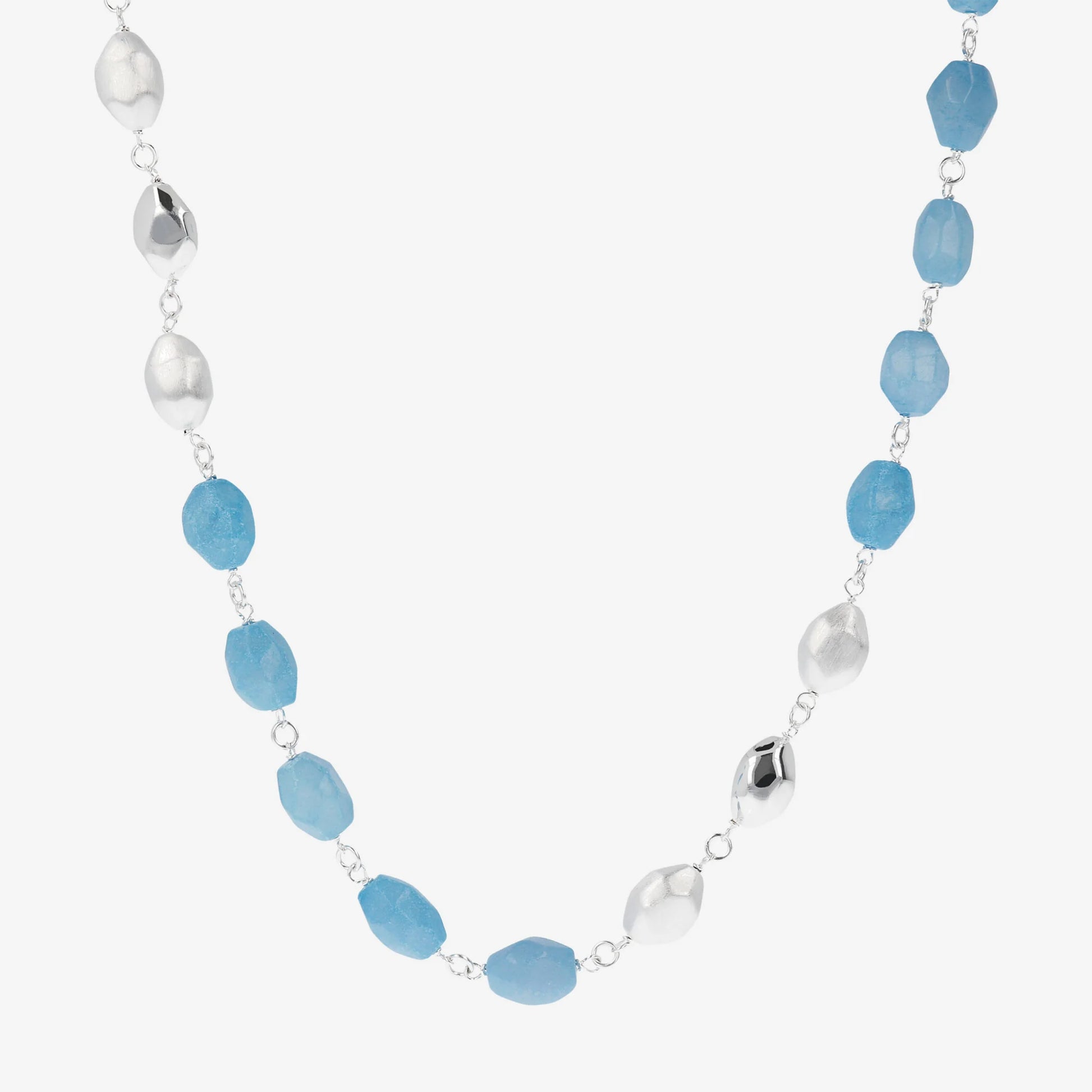 Long Necklace with Electroformed 925 Platinum Plated Sterling Silver and Faceted Azure Quartzite Nuggets