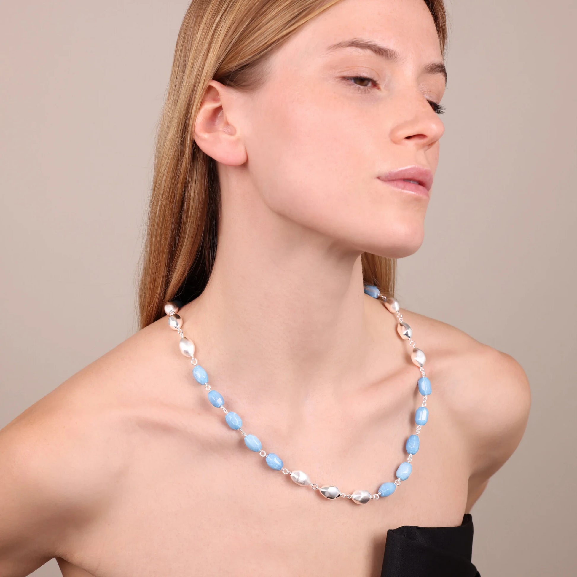 Long Necklace with Electroformed 925 Platinum Plated Sterling Silver and Faceted Azure Quartzite Nuggets
