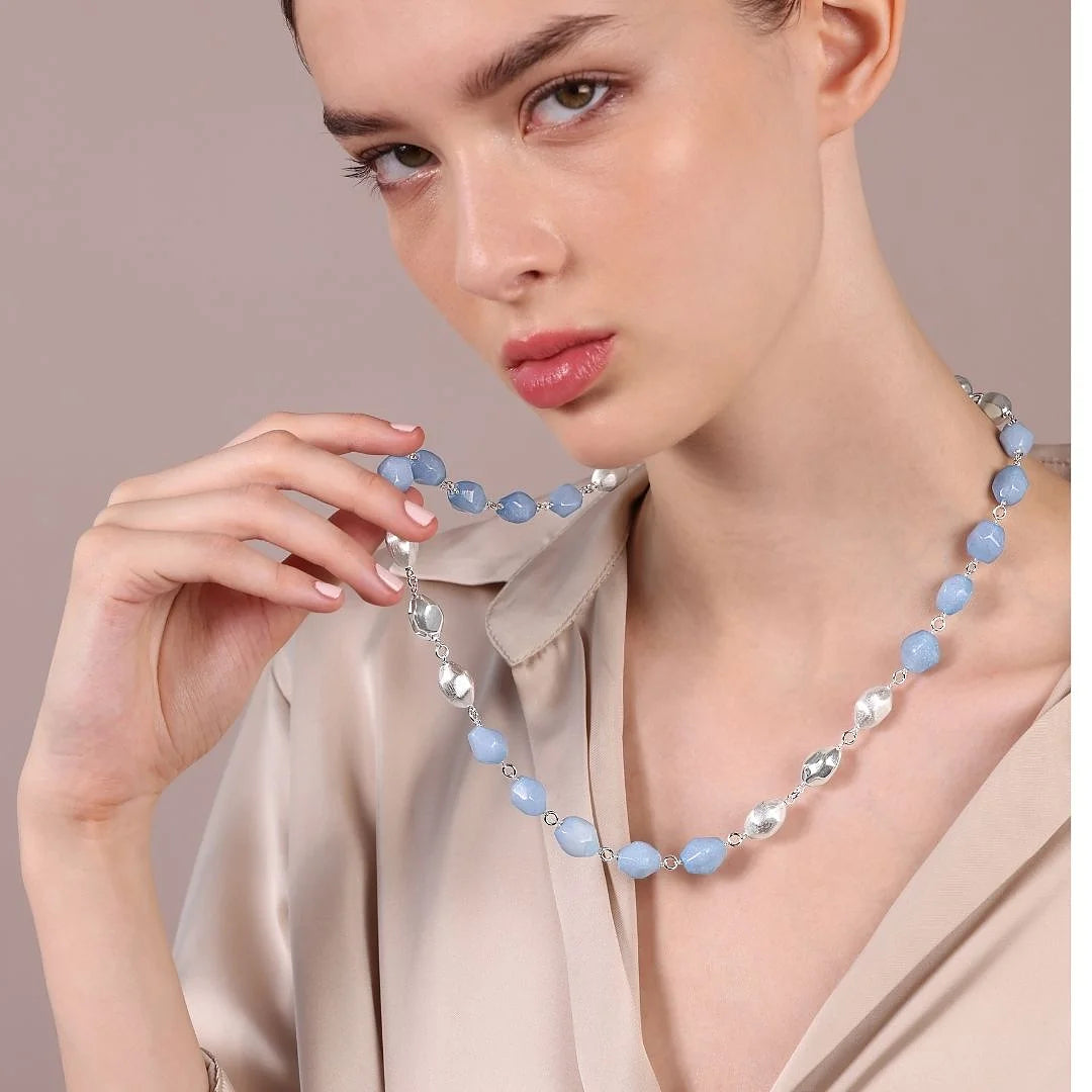 Long Necklace with Electroformed 925 Platinum Plated Sterling Silver and Faceted Azure Quartzite Nuggets