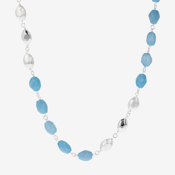 Sautoir avec pépites électroformées en argent 925 plaqué platine et pépites de quartzite bleue facettée