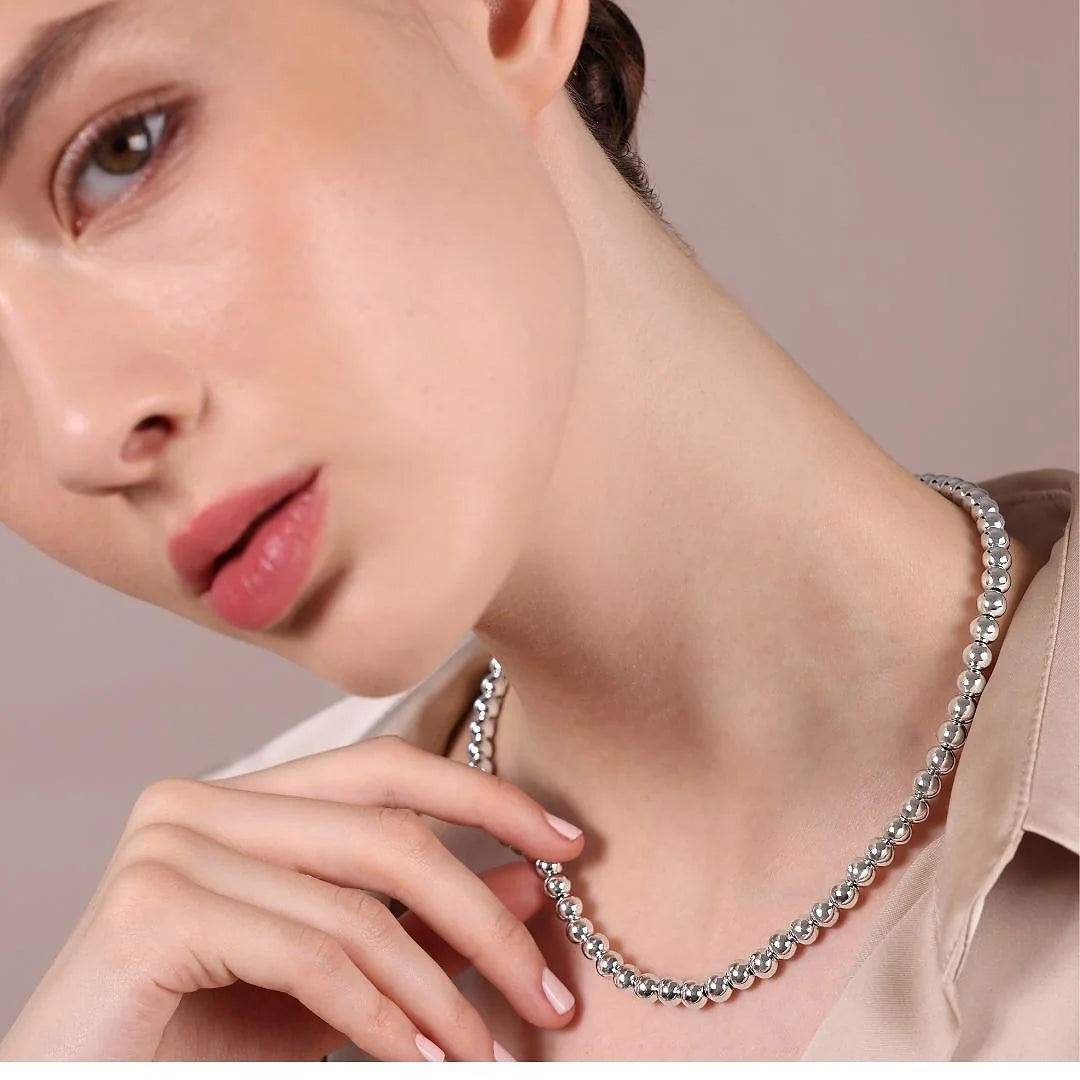 925 Platinum Plated Sterling Silver Necklace with Polished Bead