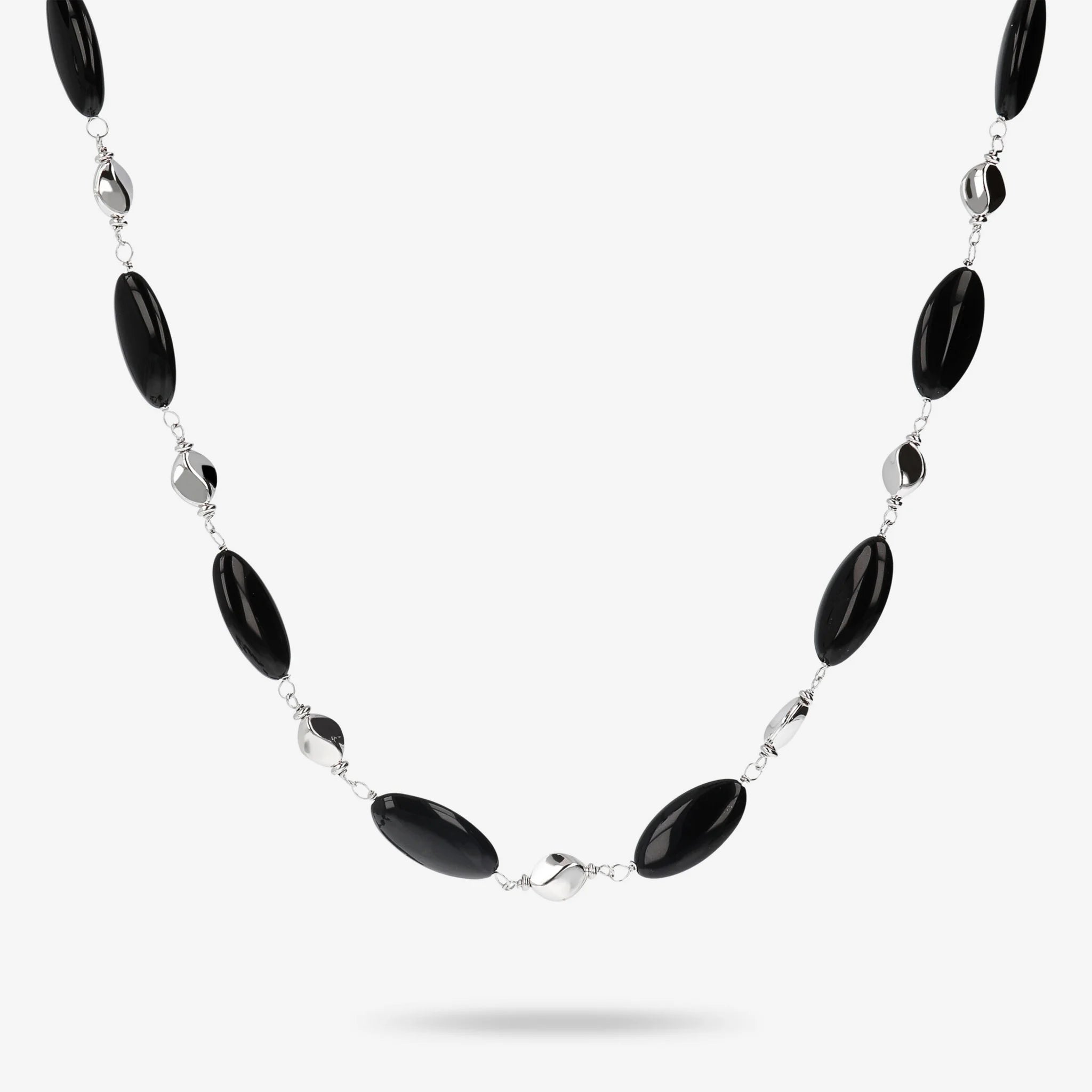 Sautoir en argent sterling platiné avec pépites polies et pierres naturelles