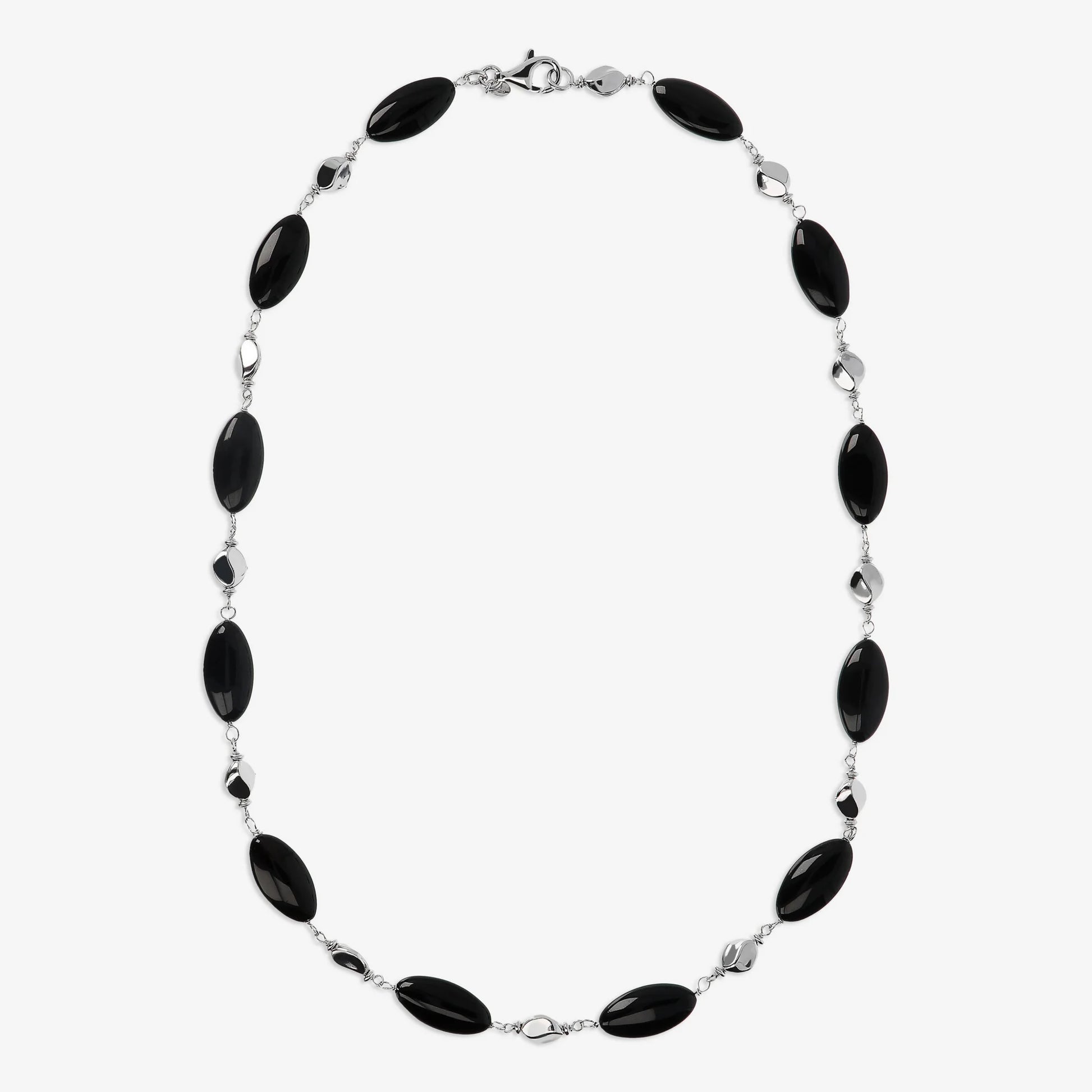 Sautoir en argent sterling platiné avec pépites polies et pierres naturelles