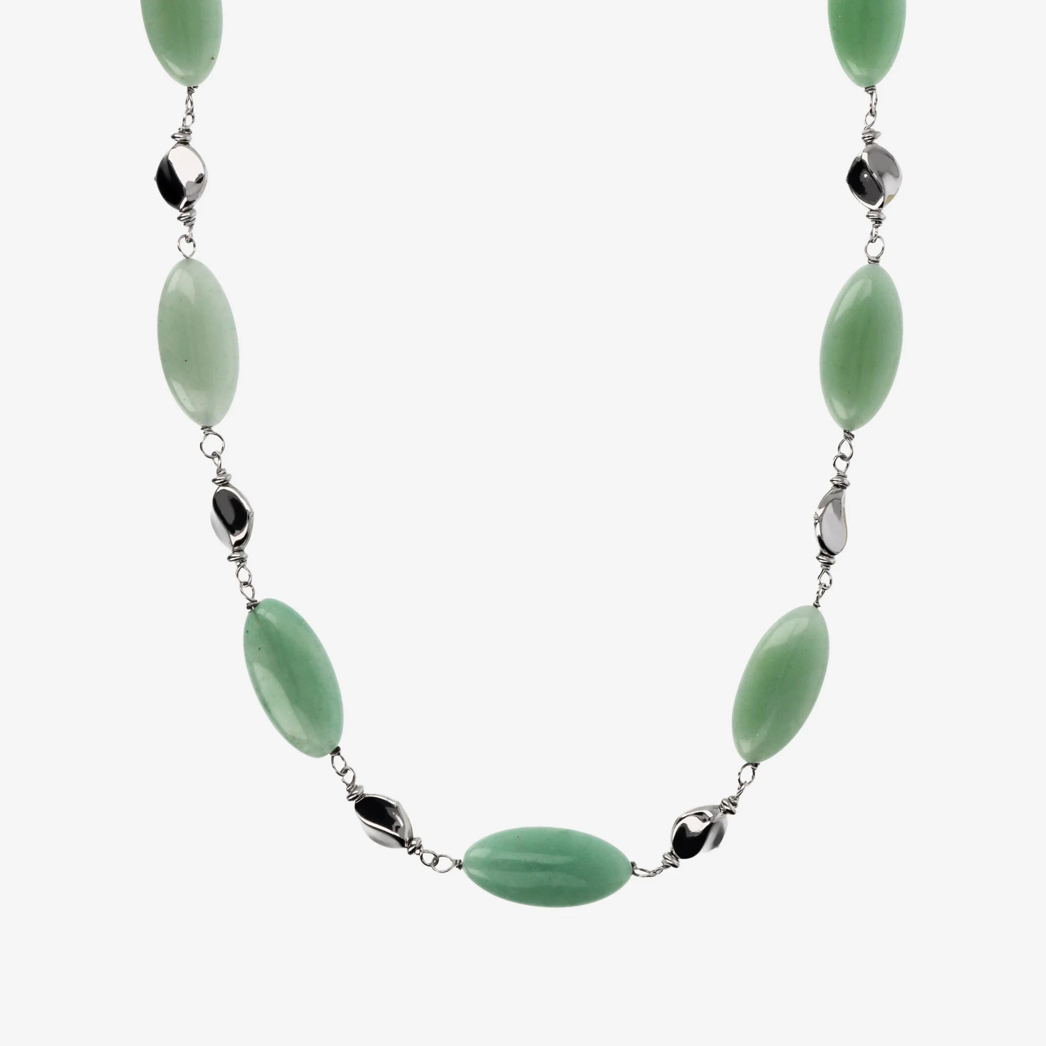 Sautoir en argent sterling platiné avec pépites polies et pierres naturelles