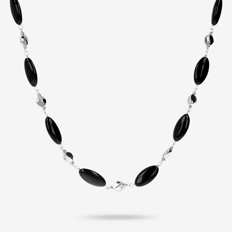 Collana Lunga in Argento 925 placcato Platino con Pepite Lucide e Pietre Naturali