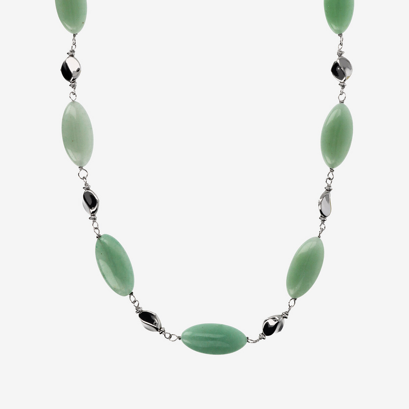 Collana Lunga in Argento 925 placcato Platino con Pepite Lucide e Pietre Naturali