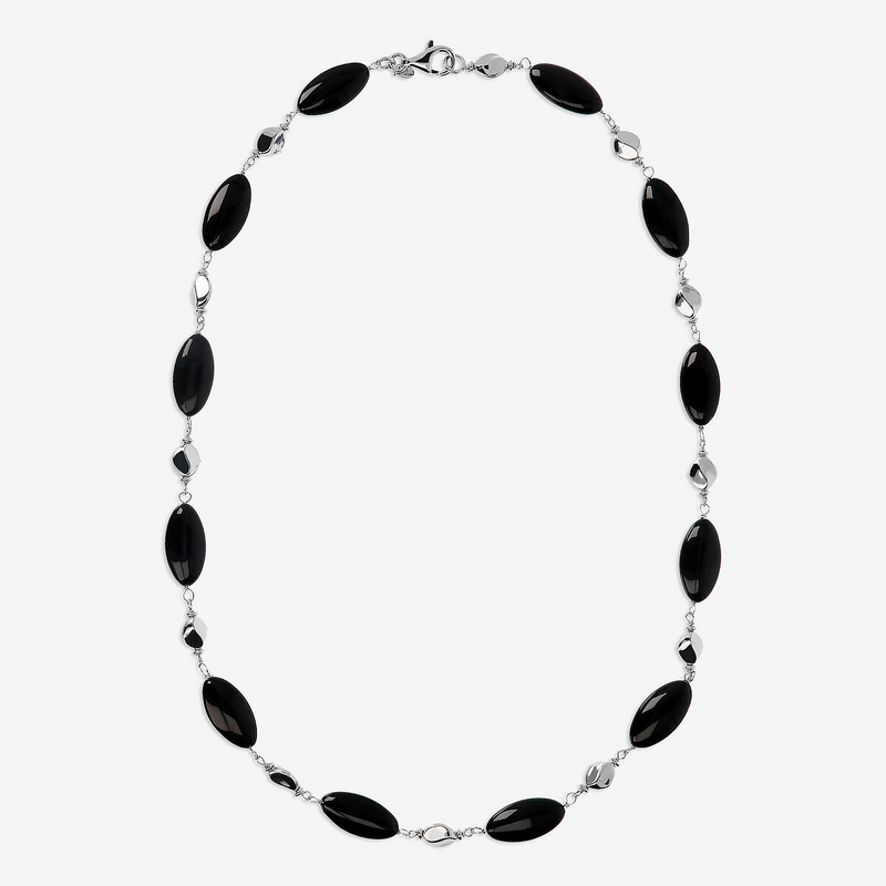 Collana Lunga in Argento 925 placcato Platino con Pepite Lucide e Pietre Naturali