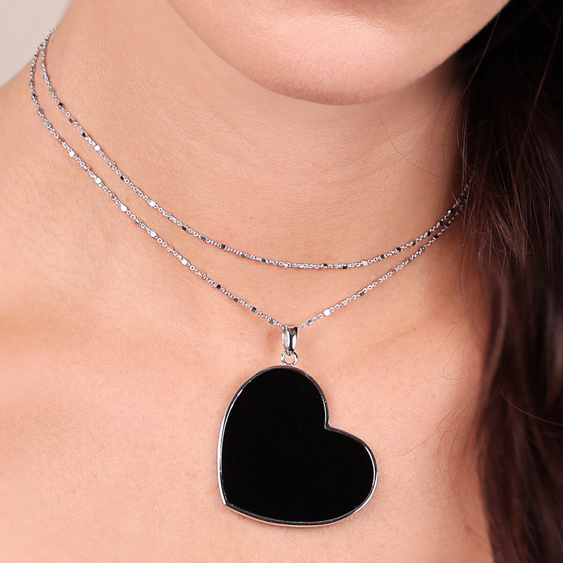 Collier Long en Argent 925 plaqué Platine avec Cœur en Pierre Naturelle