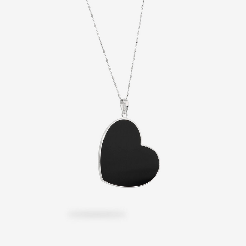 Collier Long en Argent 925 plaqué Platine avec Cœur en Pierre Naturelle