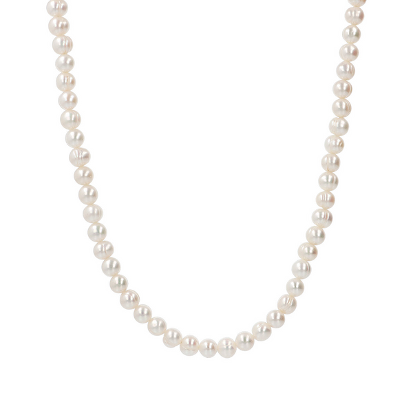 Sautoir avec Perles d'Eau Douce Blanches Ø 6/6,5 mm en Argent 925 Plaqué Or Blanc 18Kt