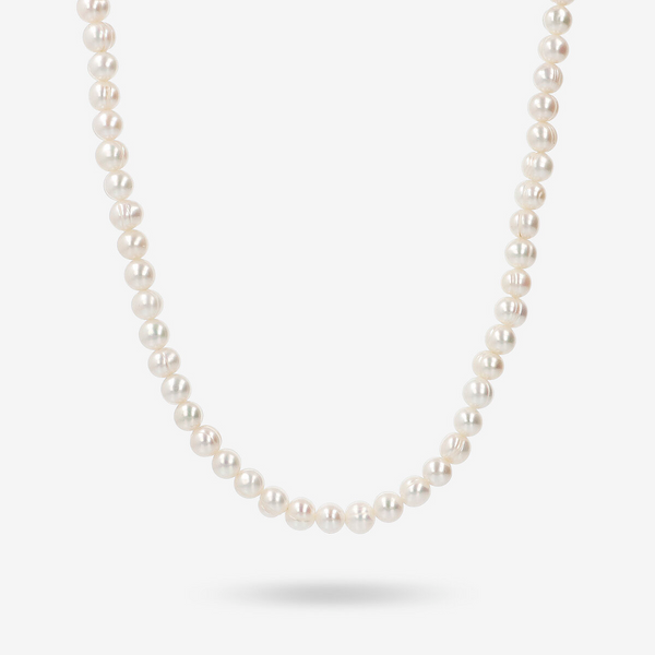 Long Necklace with White Freshwater Pearls Ø 6/6.5 mm in 18Kt White Gold Plated 925 Silver