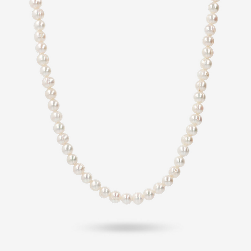 Long Necklace with White Freshwater Pearls Ø 6/6.5 mm in 18Kt White Gold Plated 925 Silver