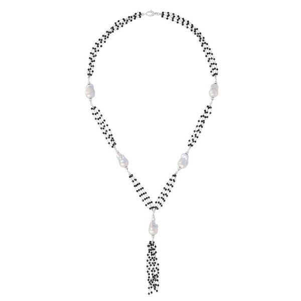 Lange mehrreihige Y-Halskette mit schwarzen Spinellen und grauen Süßwasserperlen Ø 14/16 mm aus 925er Silber mit Rutheniumbeschichtung