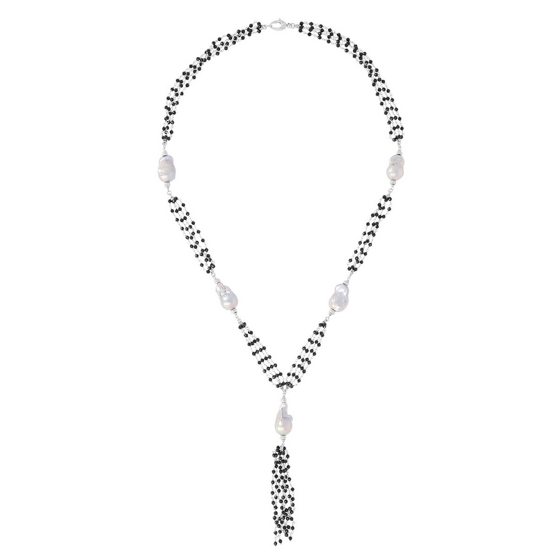 Lange mehrreihige Y-Halskette mit schwarzen Spinellen und grauen Süßwasserperlen Ø 14/16 mm aus 925er Silber mit Rutheniumbeschichtung