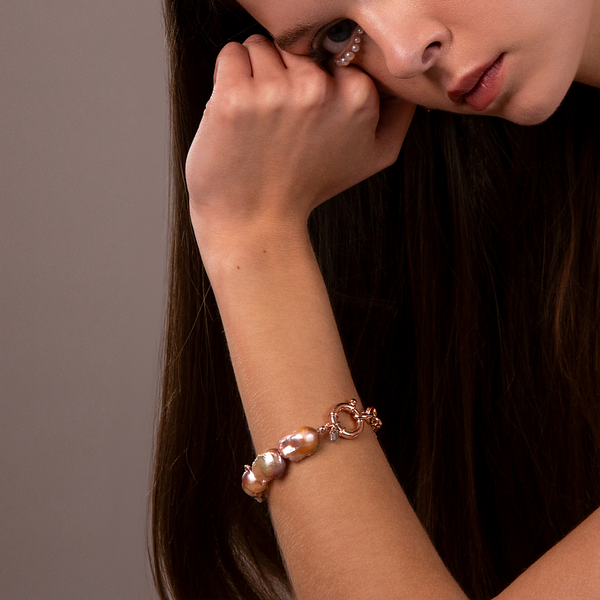 Bracelet avec Perles Scaramazze d'Eau Douce Multicolores Ø 8/9 mm en Argent 925 Plaqué Or Rose 18Kt