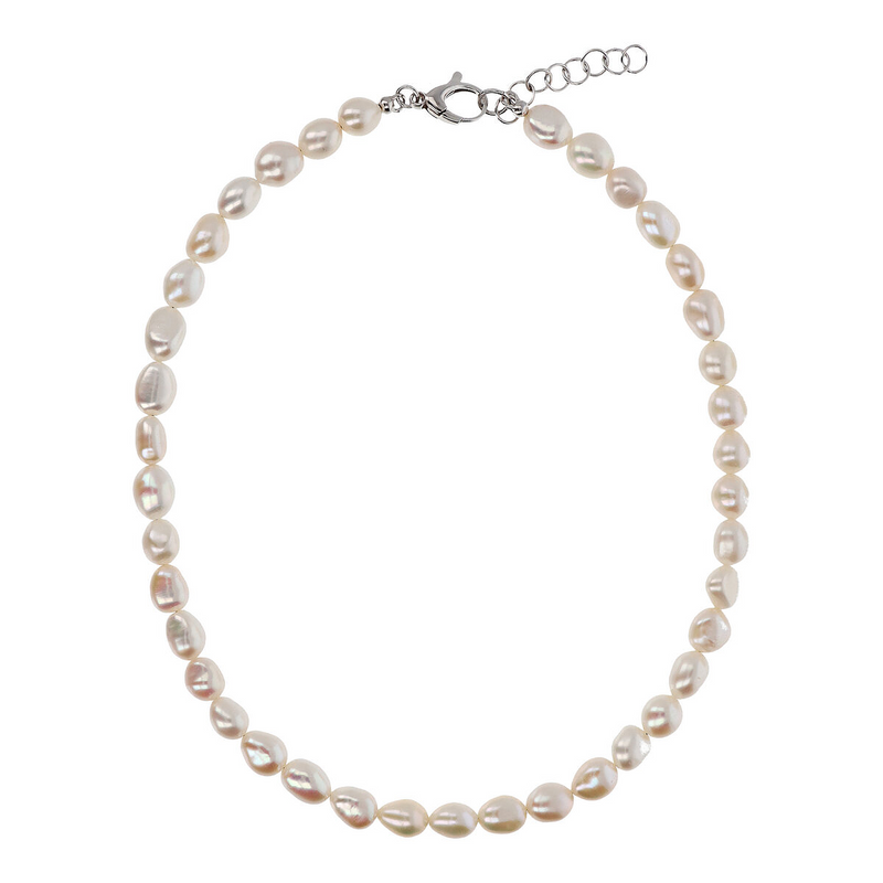 Choker Necklace with White Freshwater Nugget Pearls Ø 6/7 mm in 18Kt White Gold Plated 925 Silver