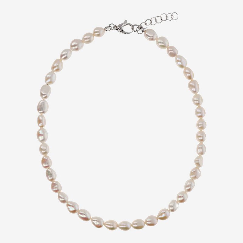 Collana Girocollo in Argento 925 placcato Oro Bianco 18Kt con Perle a Pepita Bianche d'Acqua Dolce Ø 6/7 mm