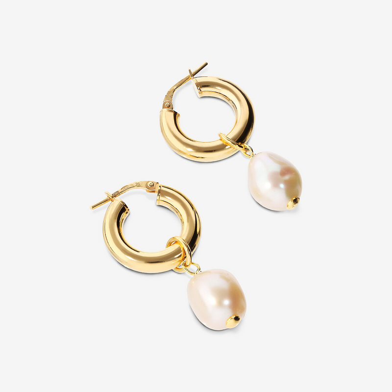 Hoop Earrings with Freshwater White Baroque Nugget Beads Ø 10/11 mm in 925 Sterling Silver plated 18Kt Yellow Gold