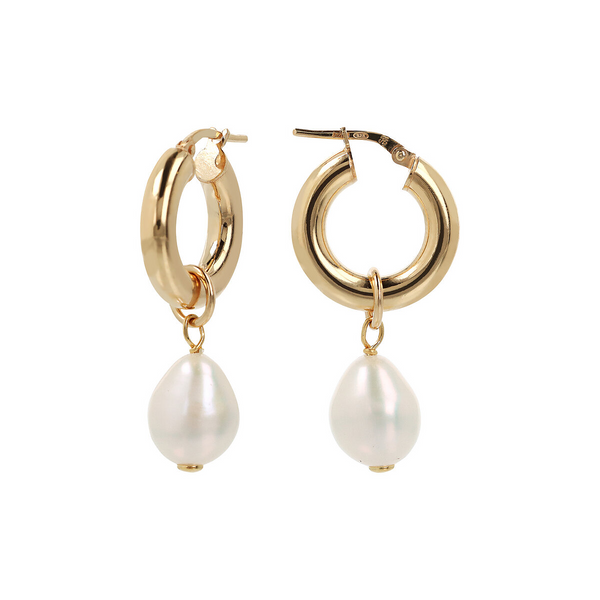 Hoop Earrings with Freshwater White Baroque Nugget Beads Ø 10/11 mm in 925 Sterling Silver plated 18Kt Yellow Gold