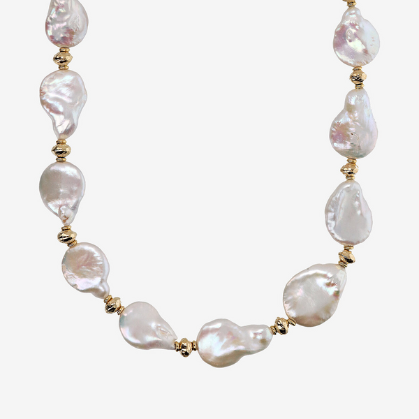Collana Girocollo con Pepite in Argento 925 placcato Oro Giallo 18Kt e Perle Coin Barocche Bianche d'Acqua Dolce