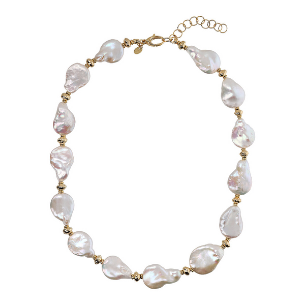 Necklace with White Baroque Coin Beads and 18Kt Yellow Gold Plated 925 Sterling Silver Nuggets