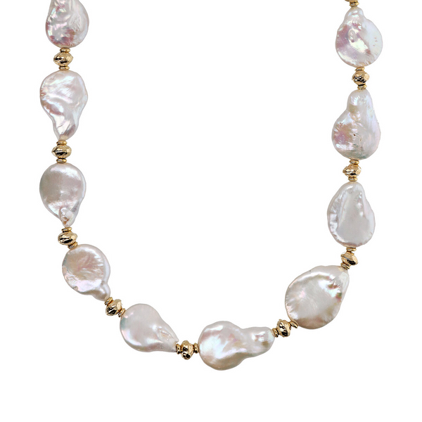 Halskette mit weißen barocken Perlen und Nuggets aus Sterling Silber, 18Kt Gelbgold plattiert