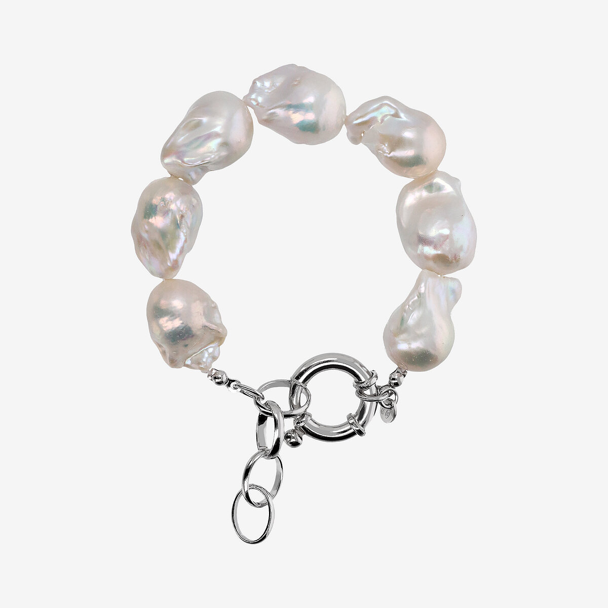 Bracelet en Argent 925 Plaqué Or Blanc 18 Carats avec Perles Scaramazze d'eau Douce Blanches Ø 13/14 mm