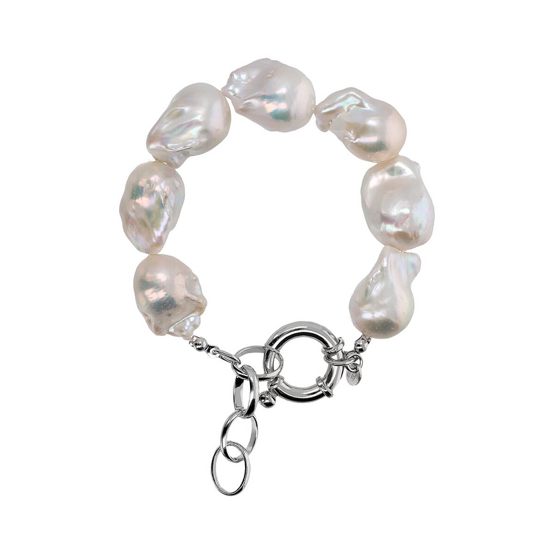 925 Sterling Silver 18Kt White Gold Plated Bracelet with White Freshwater Scarlet Pearls Ø 13/14 mm