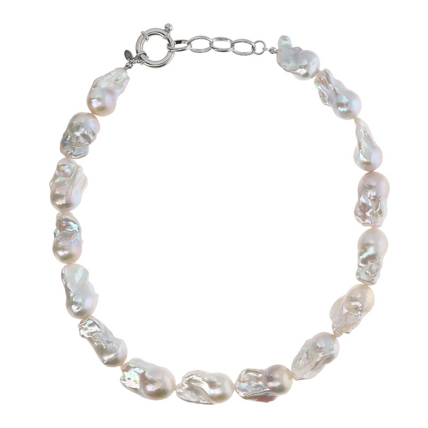 925 Sterling Silver 18Kt White Gold Plated Necklace with White Freshwater Scarlet Pearls Ø 13/14 mm