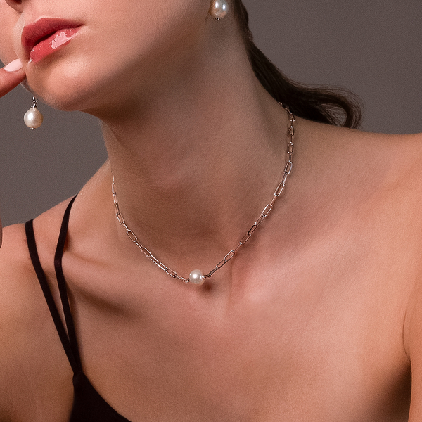 Necklace in 925 Sterling Silver 18Kt White Gold Plated with Rectangular Links and Freshwater White Pearl Pendant Ø 10/11mm