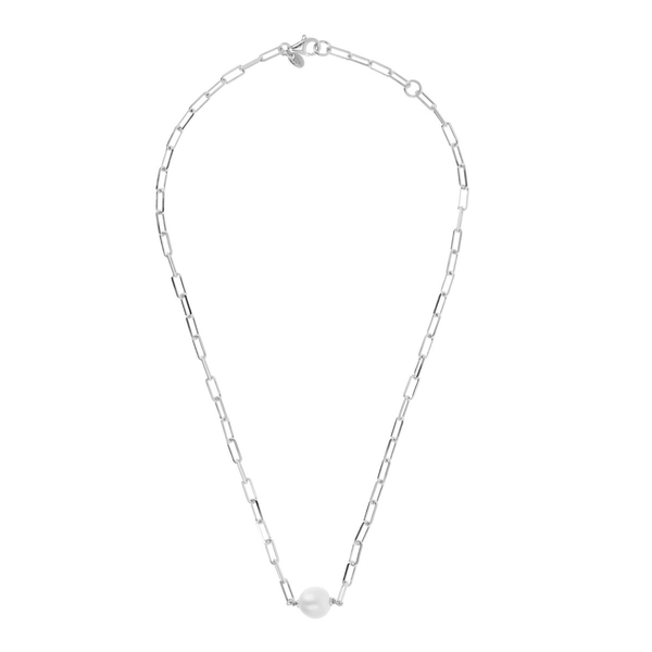Necklace in 925 Sterling Silver 18Kt White Gold Plated with Rectangular Links and Freshwater White Pearl Pendant Ø 10/11mm