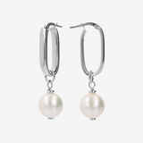 Boucles d'oreilles ovales allongées en argent 925 plaqué or blanc 18 carats avec perles blanches Ming d'eau douce Ø 11/12 mm