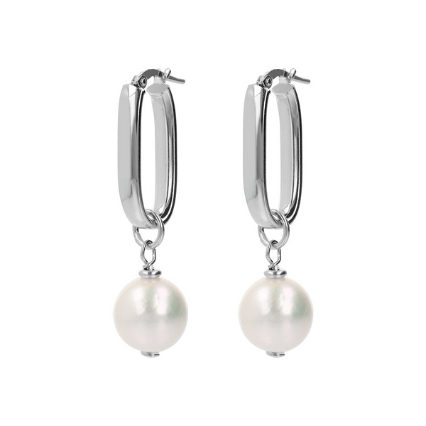 Elongated Oval Earrings in 925 Sterling Silver 18Kt White Gold Plated with White Freshwater Ming Pearls Ø 11/12 mm