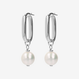 Boucles d'oreilles ovales allongées en argent 925 plaqué or blanc 18 carats avec perles blanches Ming d'eau douce Ø 11/12 mm